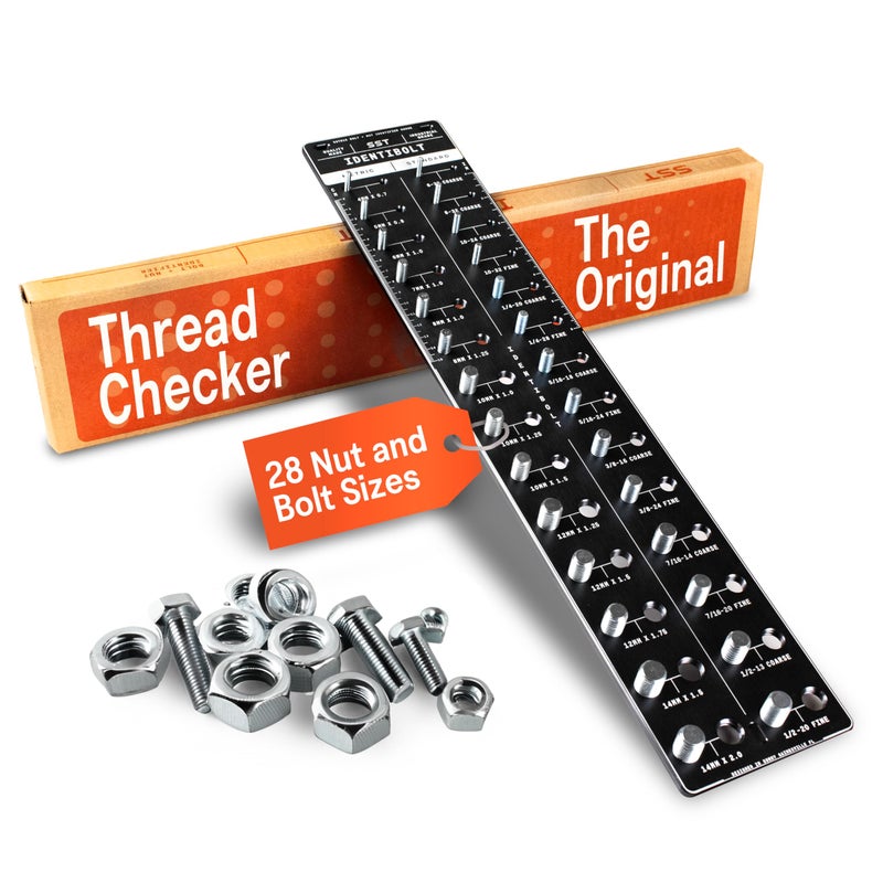 Stupid Simple Tools SST - Original Identibolt - Precise Threadchecker and Wall Mount - Imperial SAE and Metric Threads - 28 Nuts & Bolts Identifier - from #6 to Â½ & 4mm to 14mm - in. and Cm. Rulers - Made in USA - Image 1